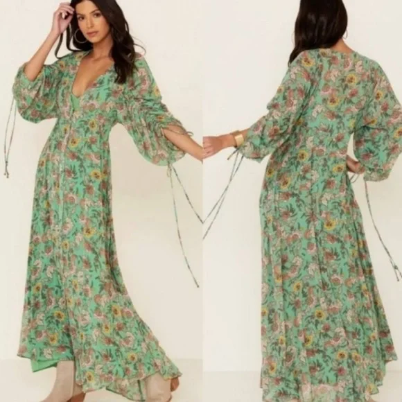 Free People Earthfolk Floral Maxi Dress with Drawstring Long Sleeves - Picture 1 of 5